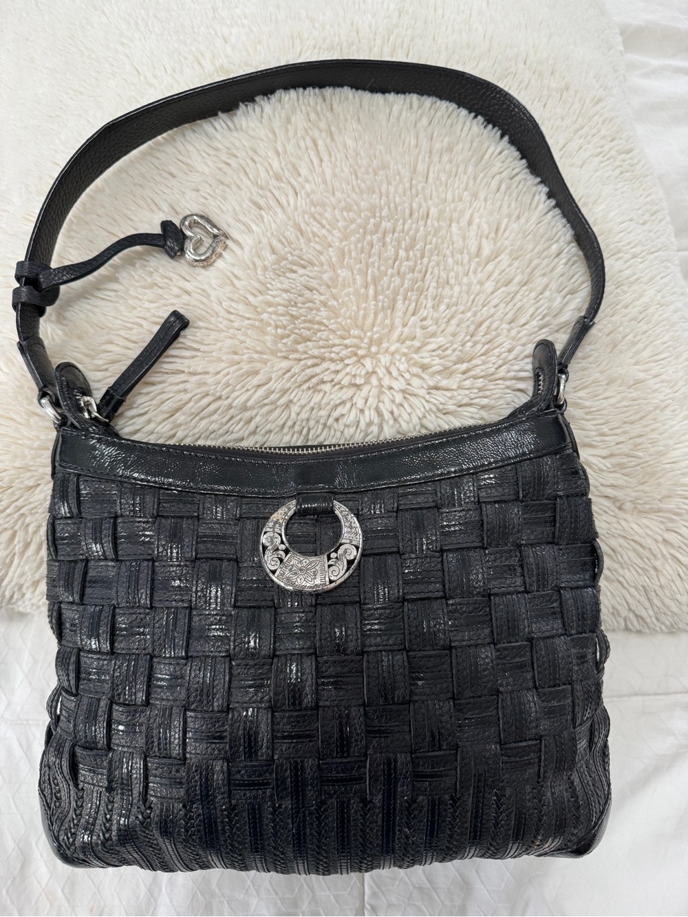 Brighton Black Woven Leather Shoulder Bag Hobo Purse Heart Charm E206758